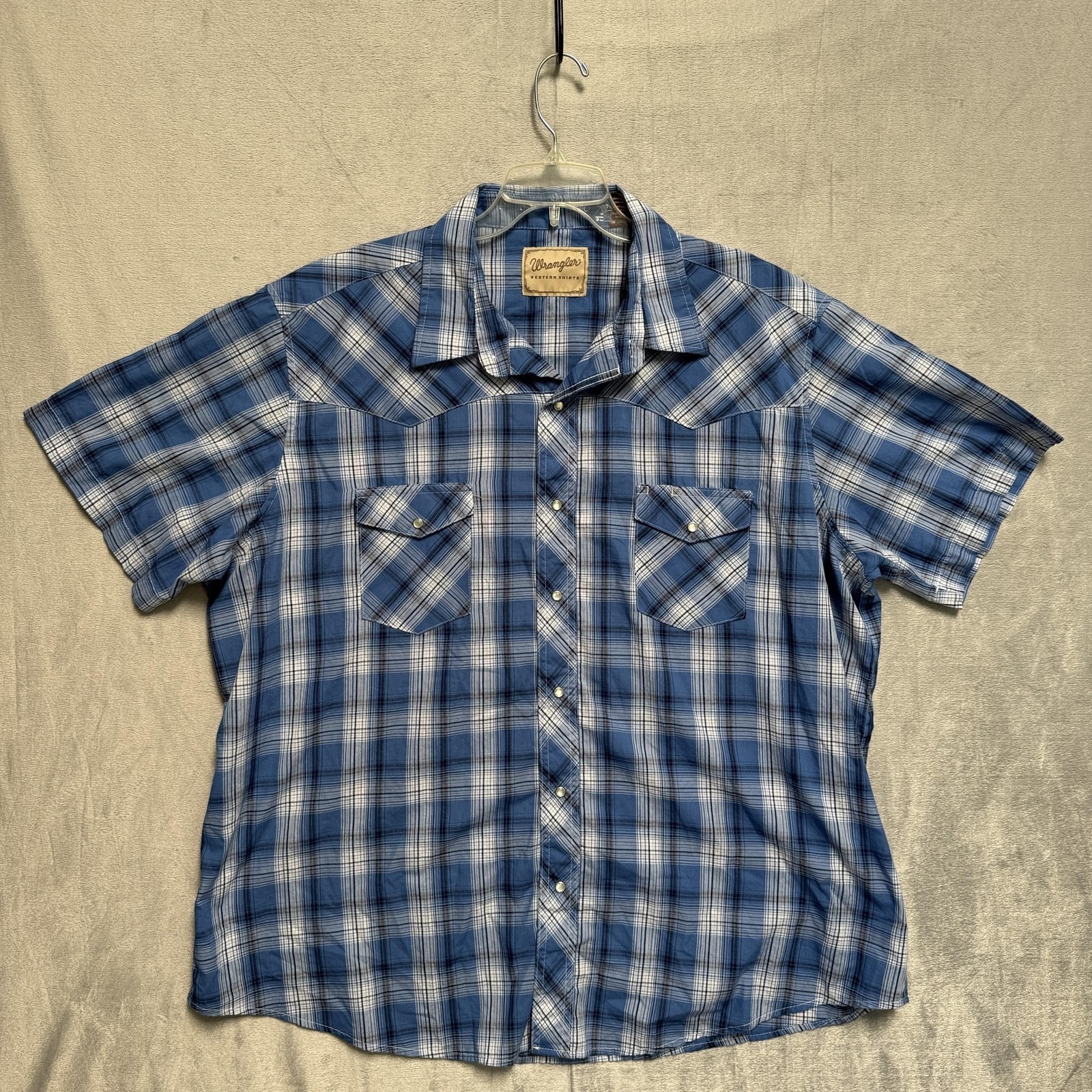 Wrangler Shirt Mens 2xl Blue Plaid Western Short Sleeve Snap Front Cowboy